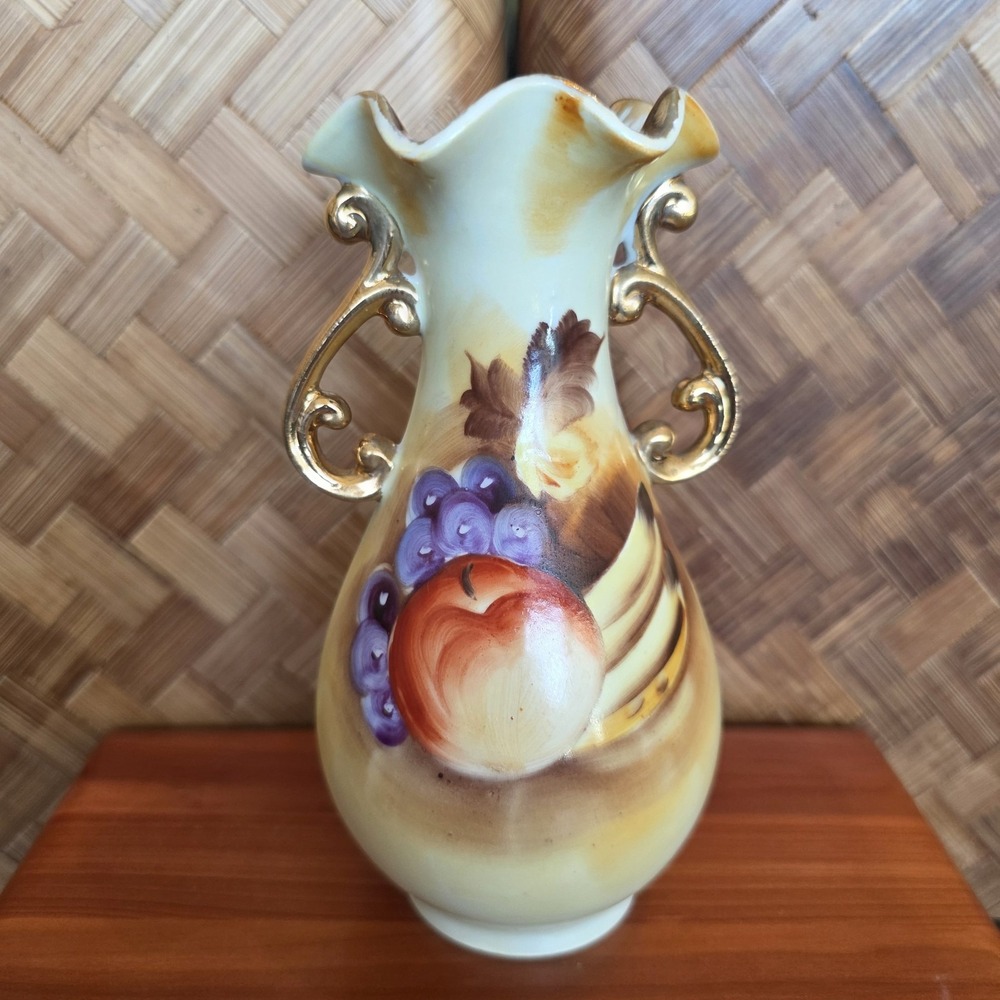 Vintage Enesco Ceramic Floral Bud Vase w/Gold Trim  #E2350 Hand Painted 6.25 in
